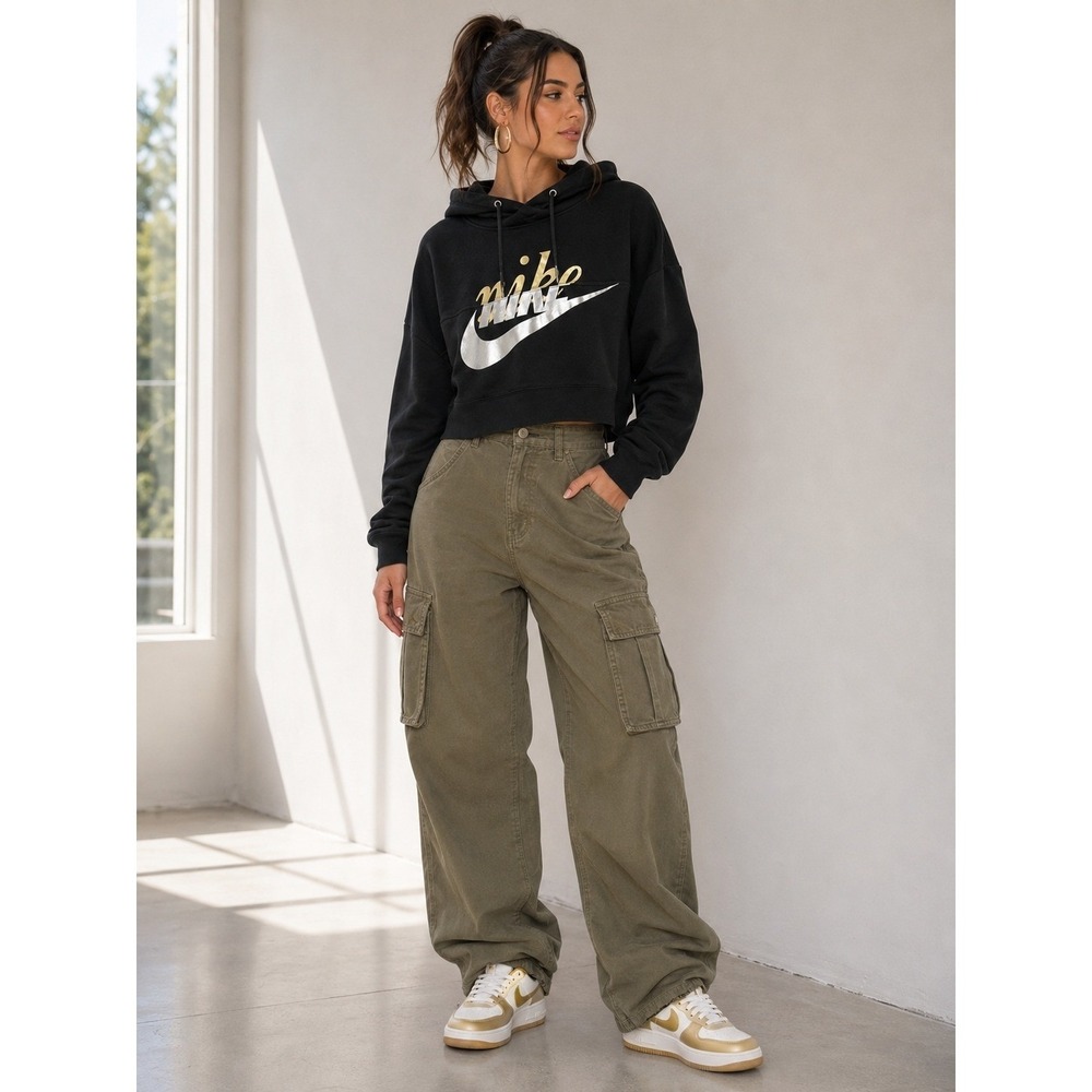 Nike Metallic Gold Silver Graphic Cropped Hoodie Black Size Small